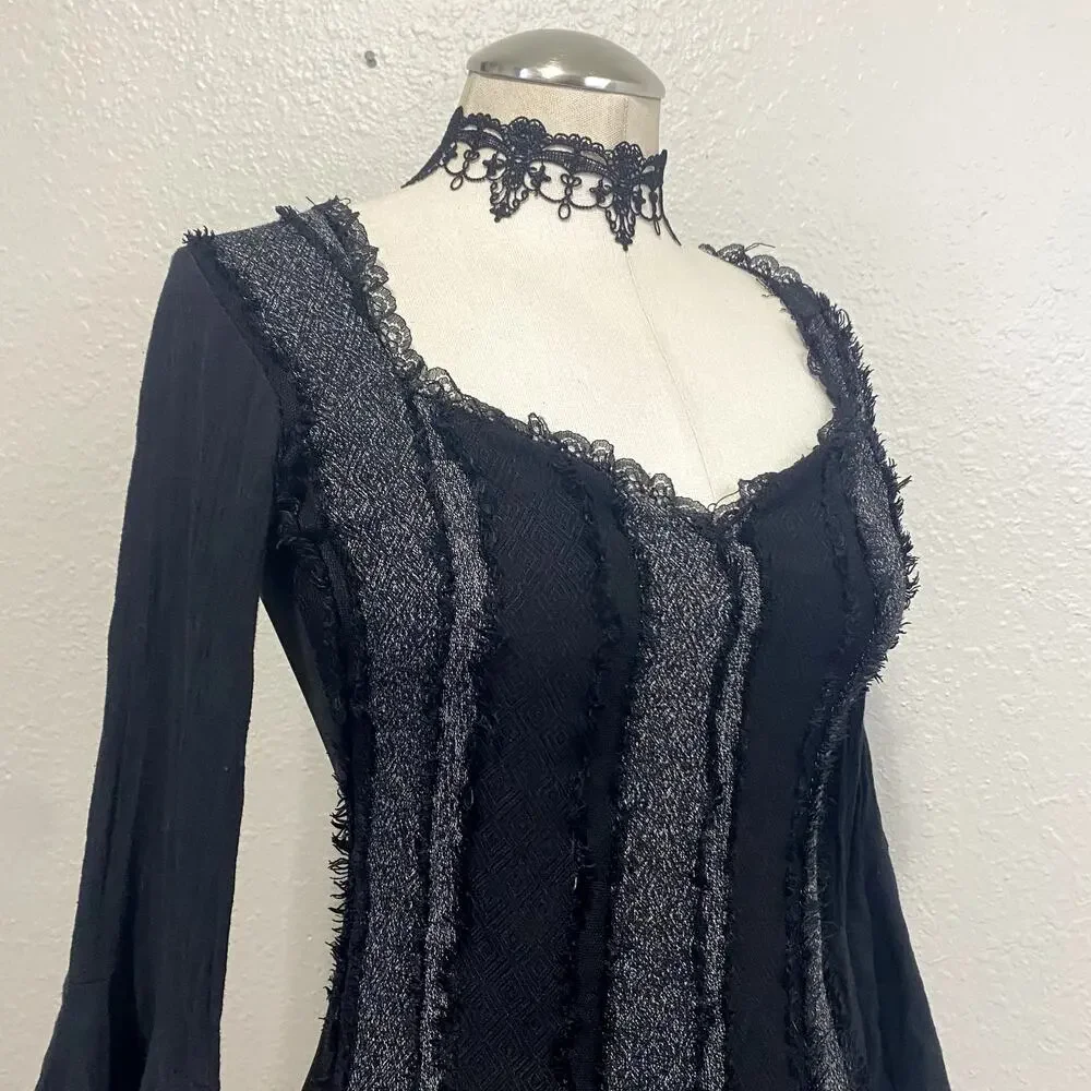 Asymmetrical Striped Layered Flare Dramatic Sleeve Whimsigoth Vamp Gothic Dress - Picture 5 of 12